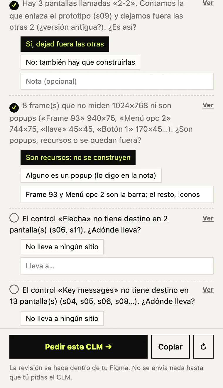 Preguntas del plugin de Figma de ezeQ con respuestas rápidas, nota opcional y el enlace «Ver» que lleva a las capas