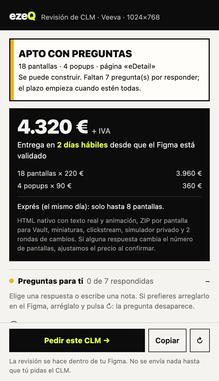 Panel del plugin de Figma de ezeQ: veredicto «apto con preguntas», 18 pantallas y 4 popups, precio cerrado y plazo de entrega