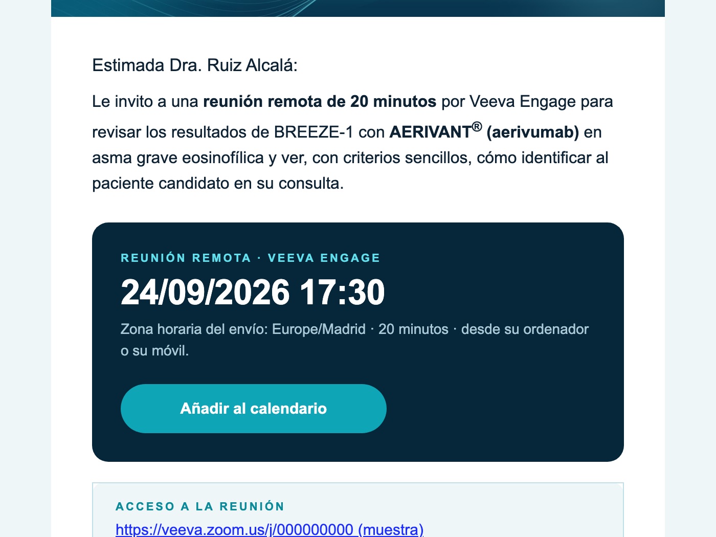 Correo de AERIVANT: cabecera en tonos teal, tarjeta con la fecha de la reunión remota y botón de añadir al calendario