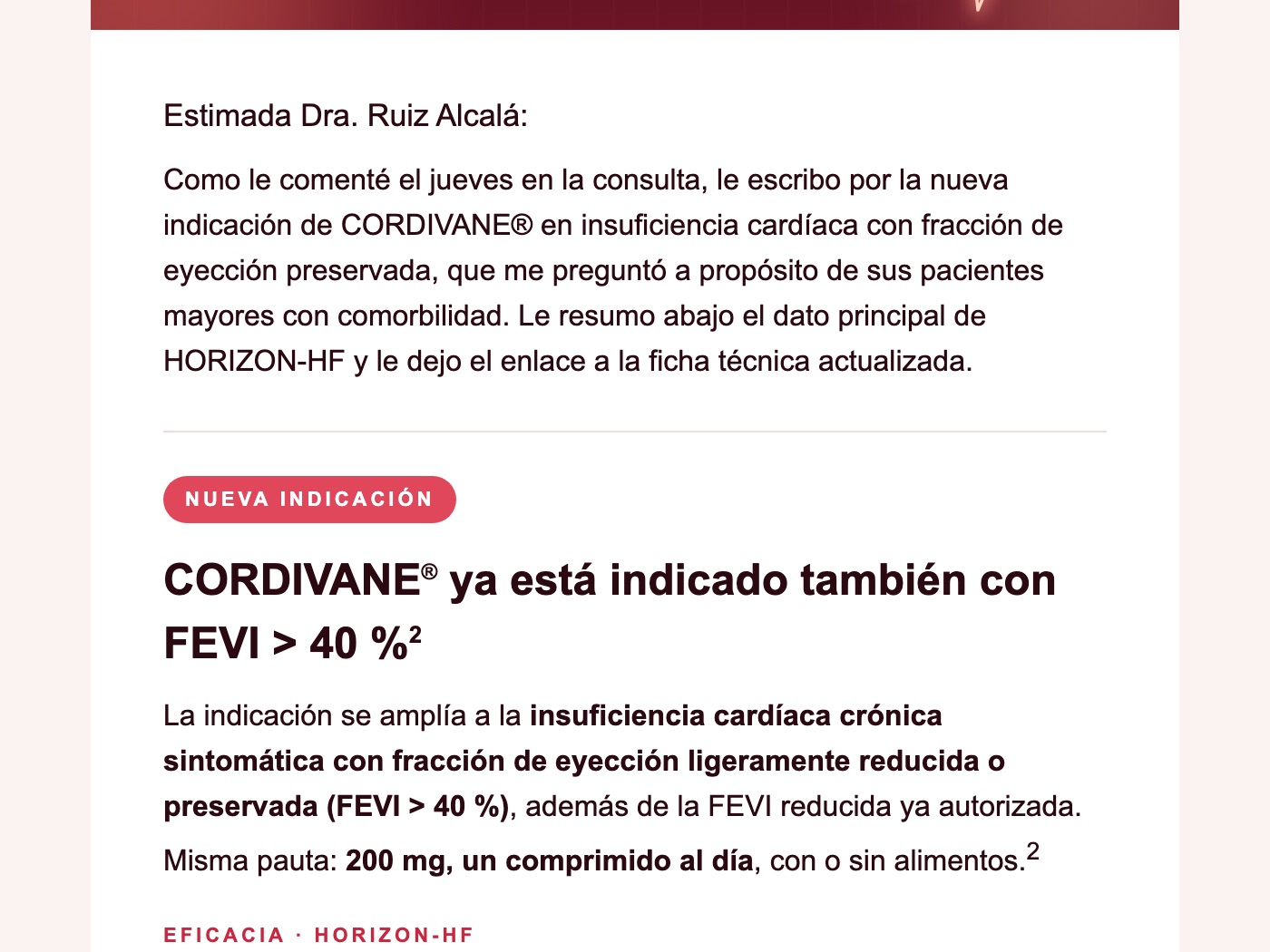 Correo de CORDIVANE: cabecera coral con una línea de electrocardiograma, insignia de nueva indicación y mensaje personal del delegado