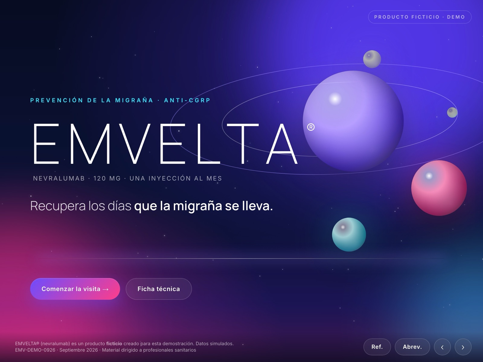 Portada del eDetailing de demostración: el nombre del producto ficticio EMVELTA sobre un fondo oscuro con esferas y órbitas