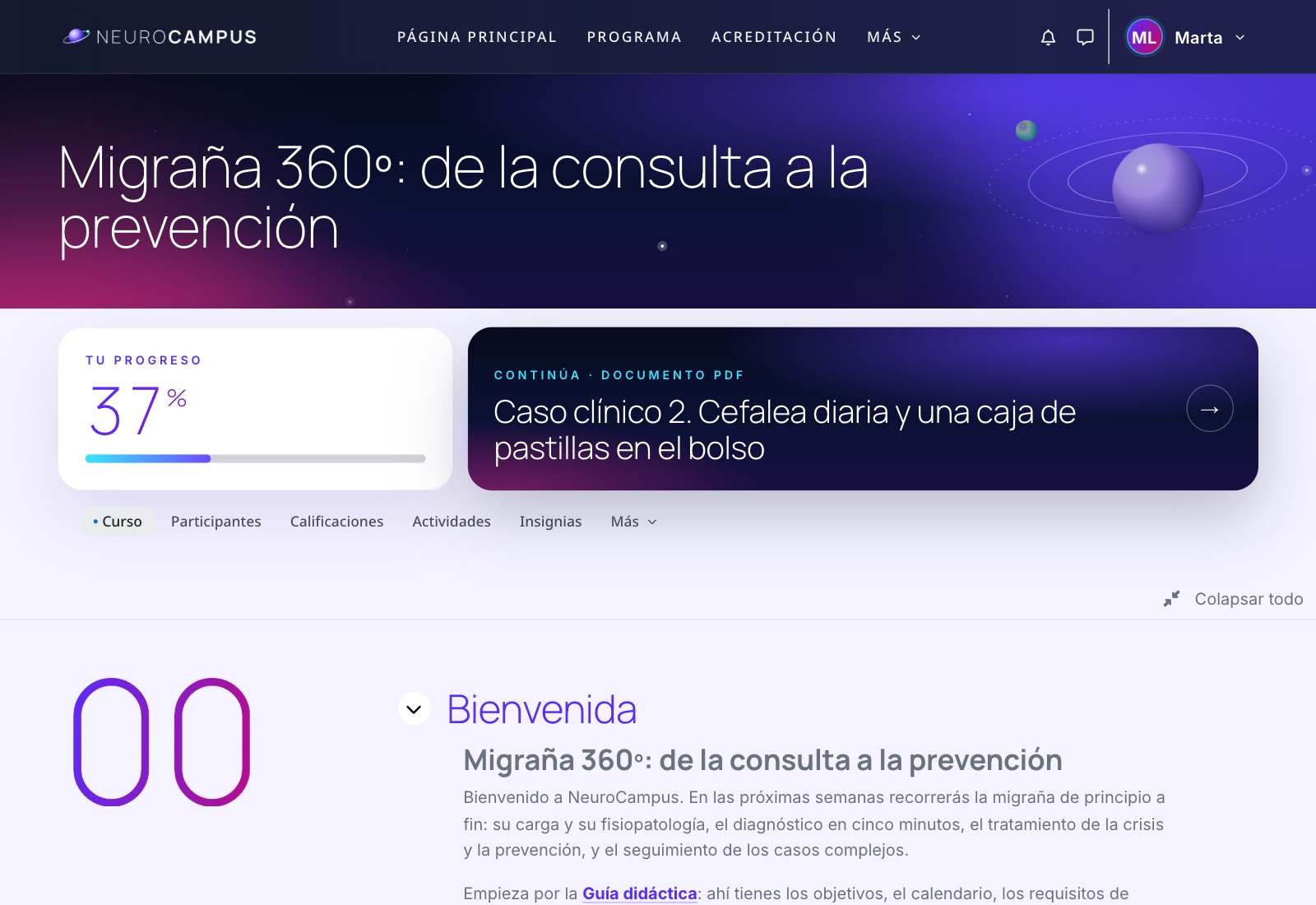 Página del curso Migraña 360º con la cabecera, la barra de progreso, el botón Continúa y la sesión en directo