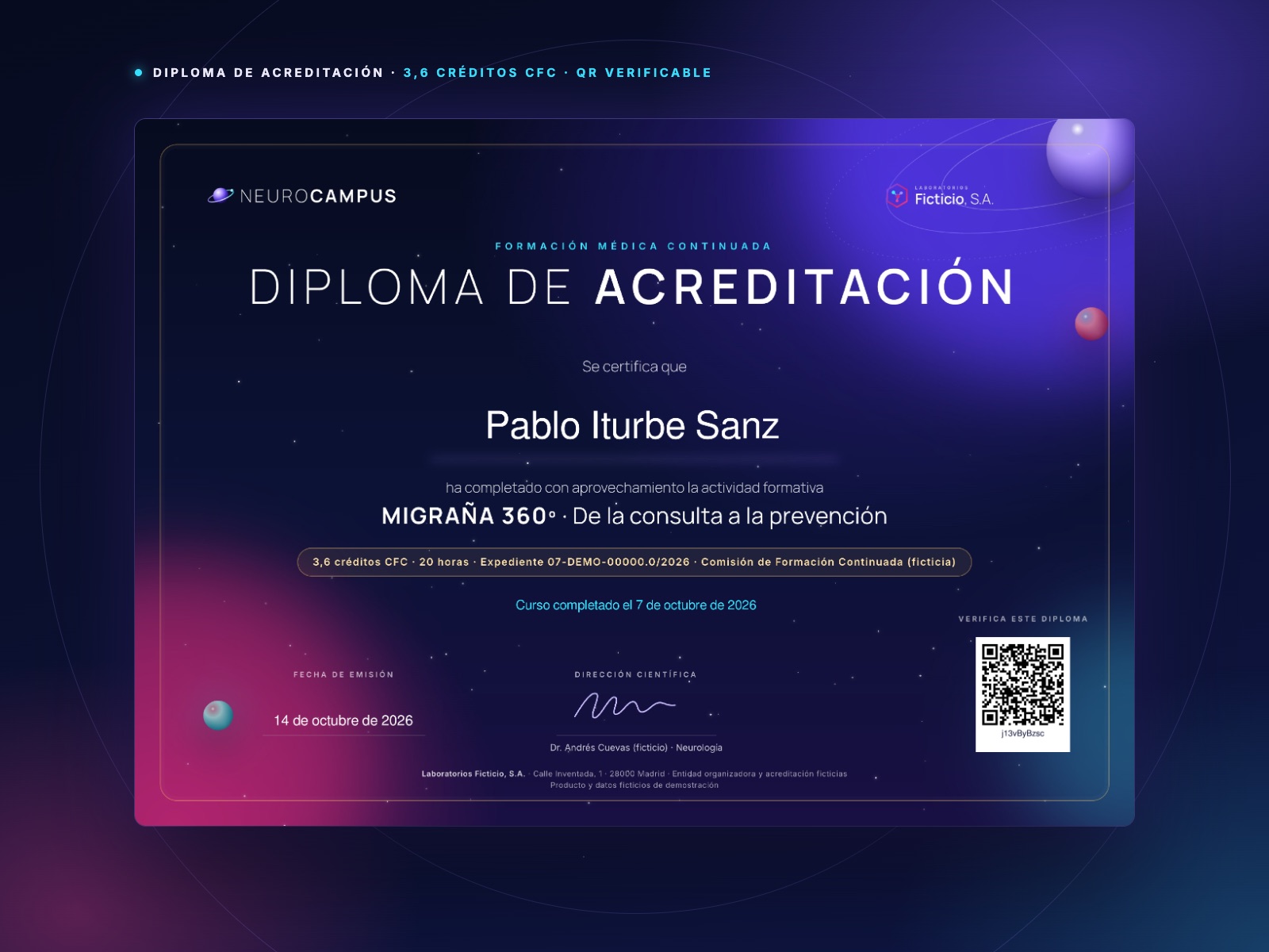 Diploma de acreditación con el nombre del médico, los créditos de formación continuada y un QR de verificación