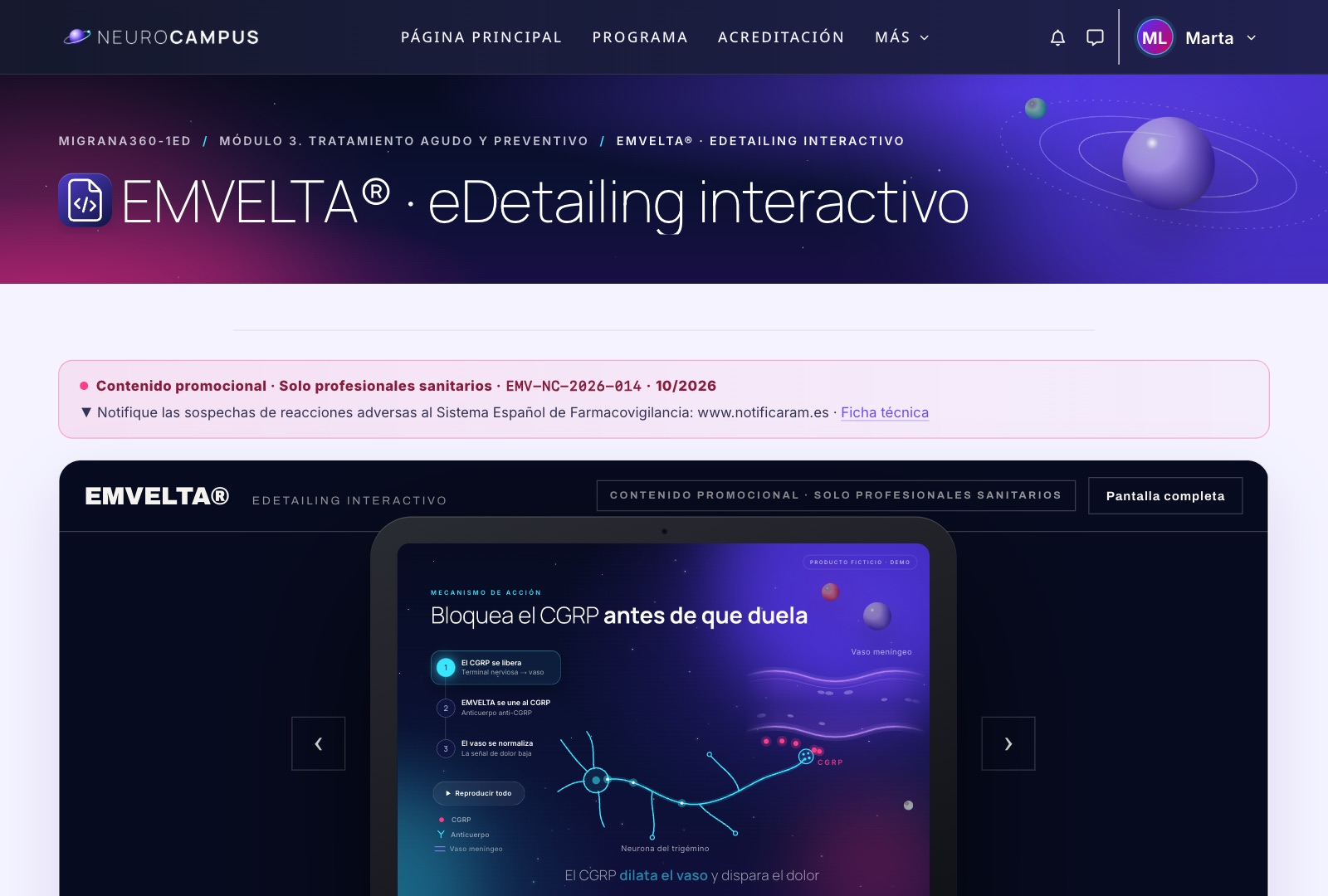 eDetailing de EMVELTA dentro del curso, con la etiqueta de contenido promocional, el código de material y el aviso de notificación de reacciones adversas