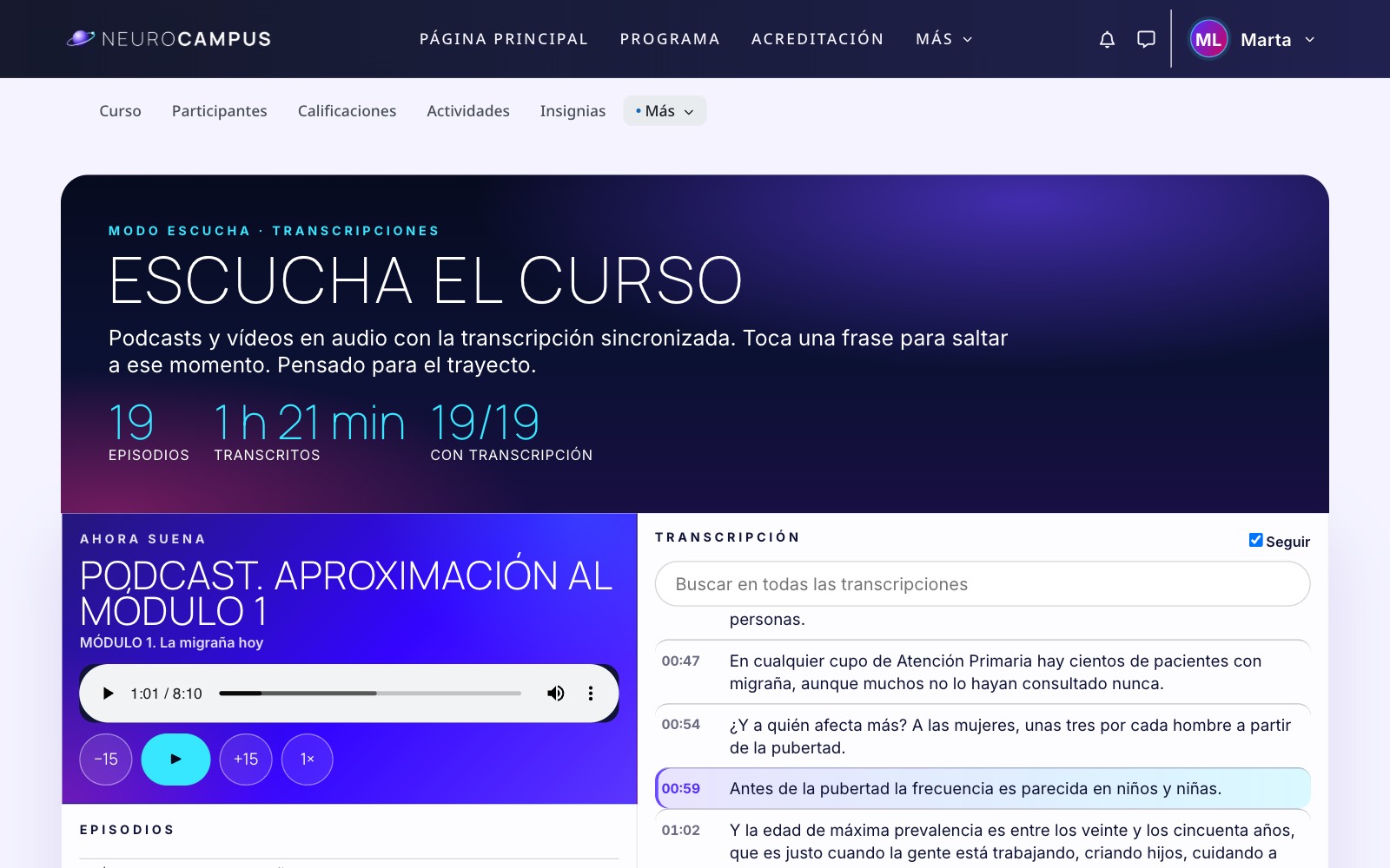 Modo escucha: el podcast del módulo con la transcripción sincronizada