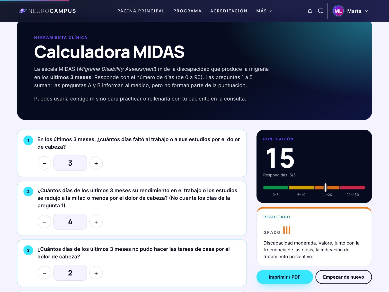 Calculadora MIDAS con el resultado: 15 puntos, grado III, discapacidad moderada