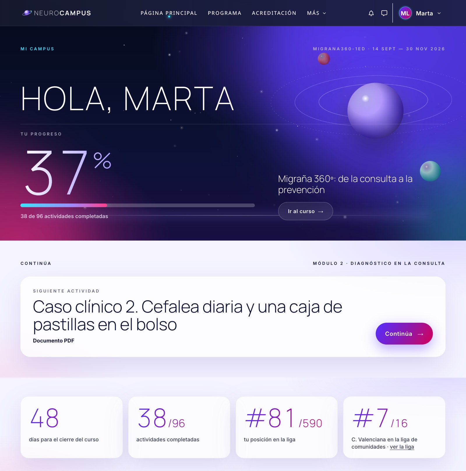 Mi Campus: progreso de la médica en el curso, la siguiente actividad con sus minutos, y sus cifras de horas, tests y puesto en la liga