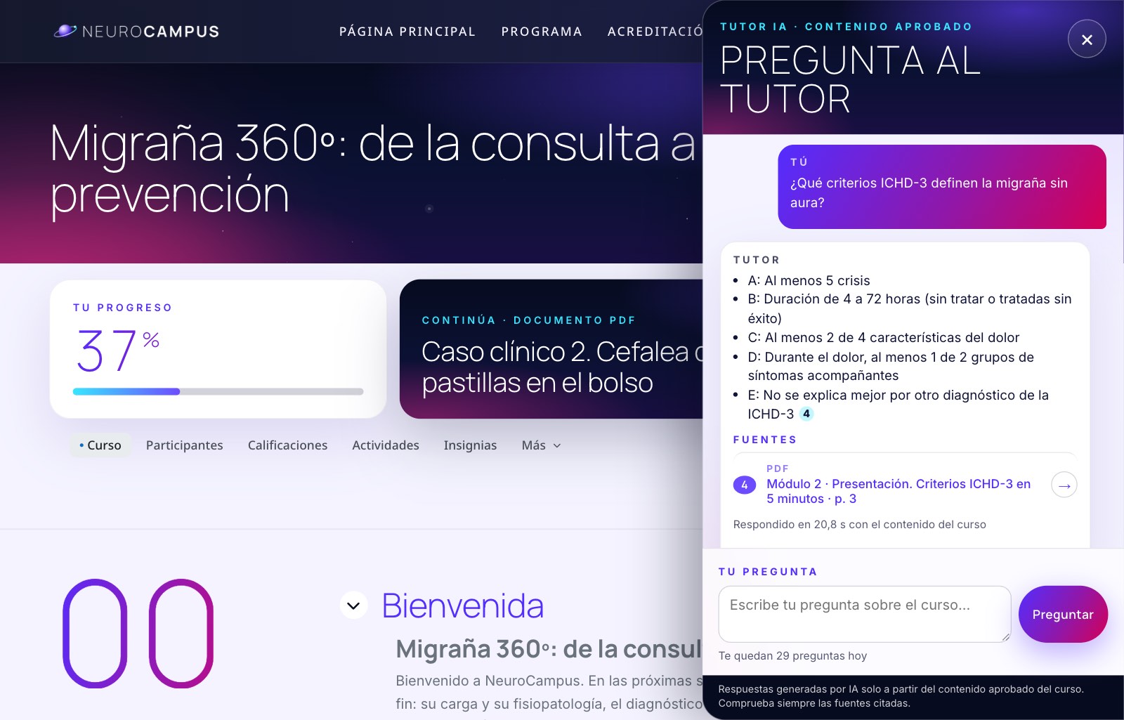 El tutor con IA responde con los criterios diagnósticos de la migraña sin aura, de la A a la E, y cita la presentación del módulo 2