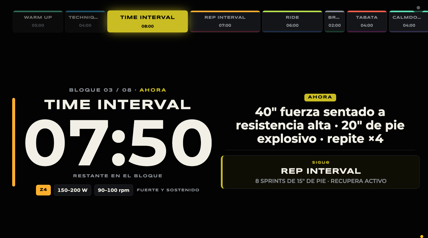 Pantalla de la sala de Xperience Bike en plena clase: el bloque en curso, la cuenta atrás y lo que viene después